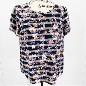 Skies Are Blue Floral Short Sleeve Pullover Blouse Purple Black Gray Striped